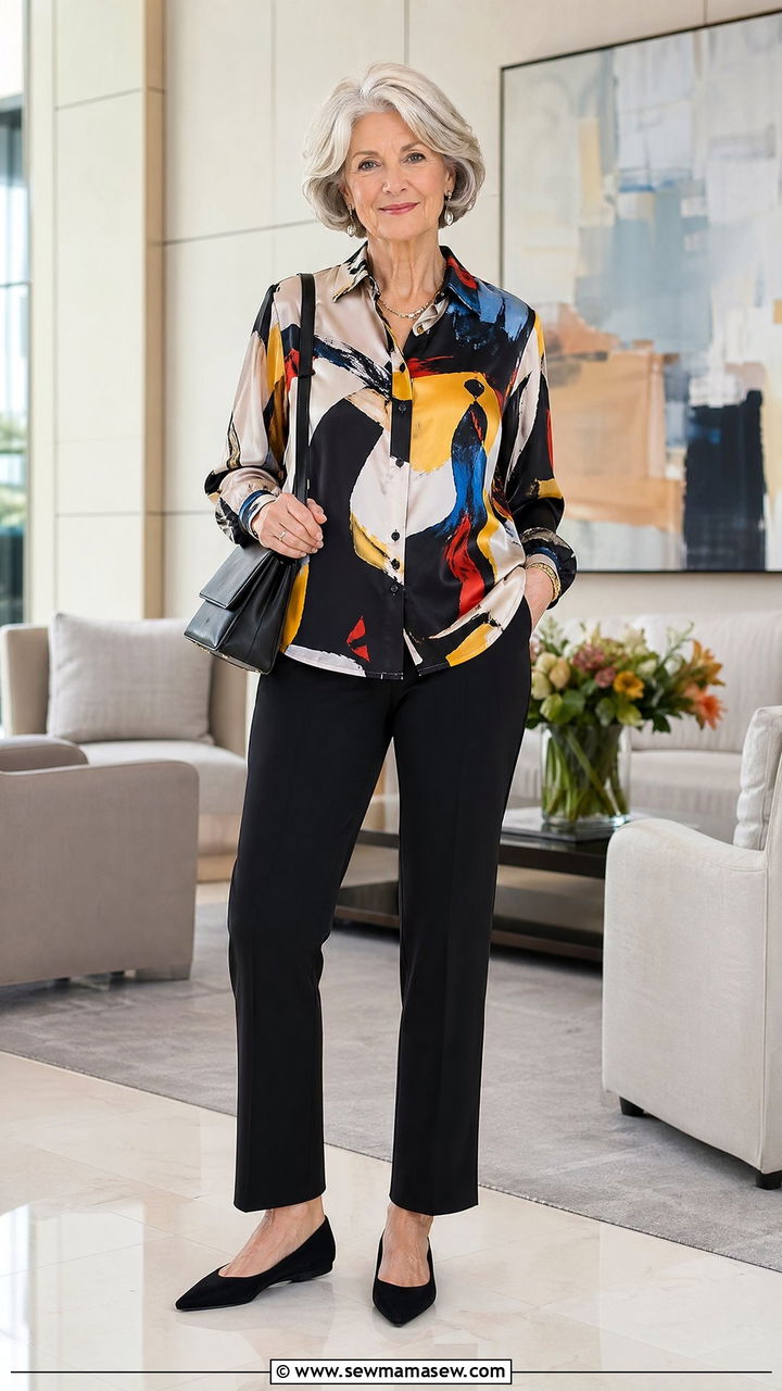 Black ponte pants with colorful print blouse outfit - 35 Classy outfit ideas for women over 60