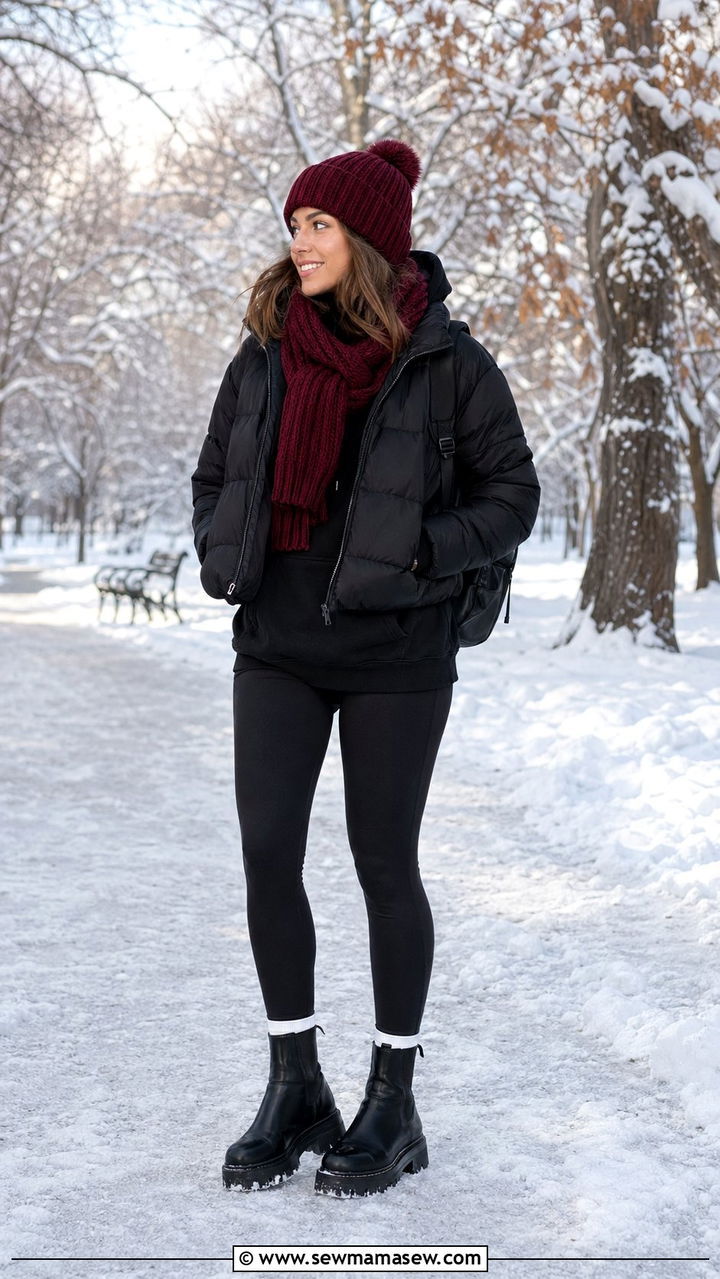 Black puffer jacket and burgundy beanie outfit - 30 Black and burgundy outfit ideas