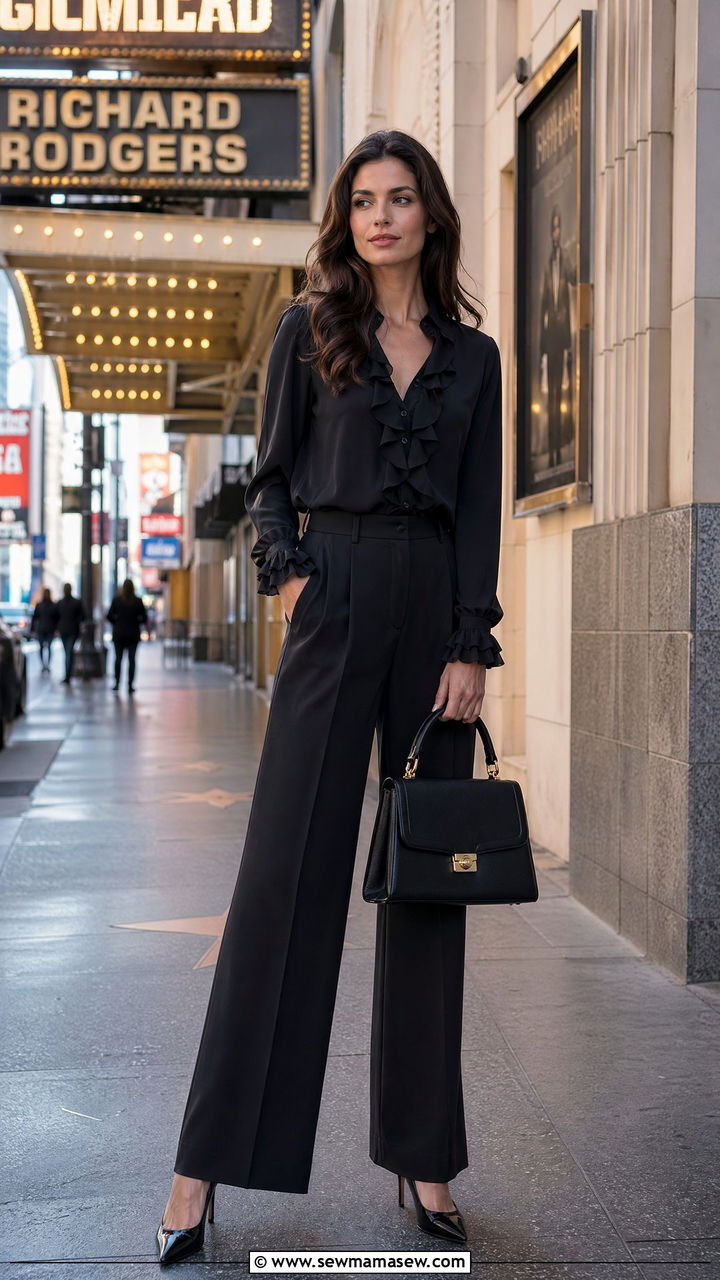 Black ruffle trim blouse and wide leg trousers spring all black outfit - 35 spring all black outfit ideas