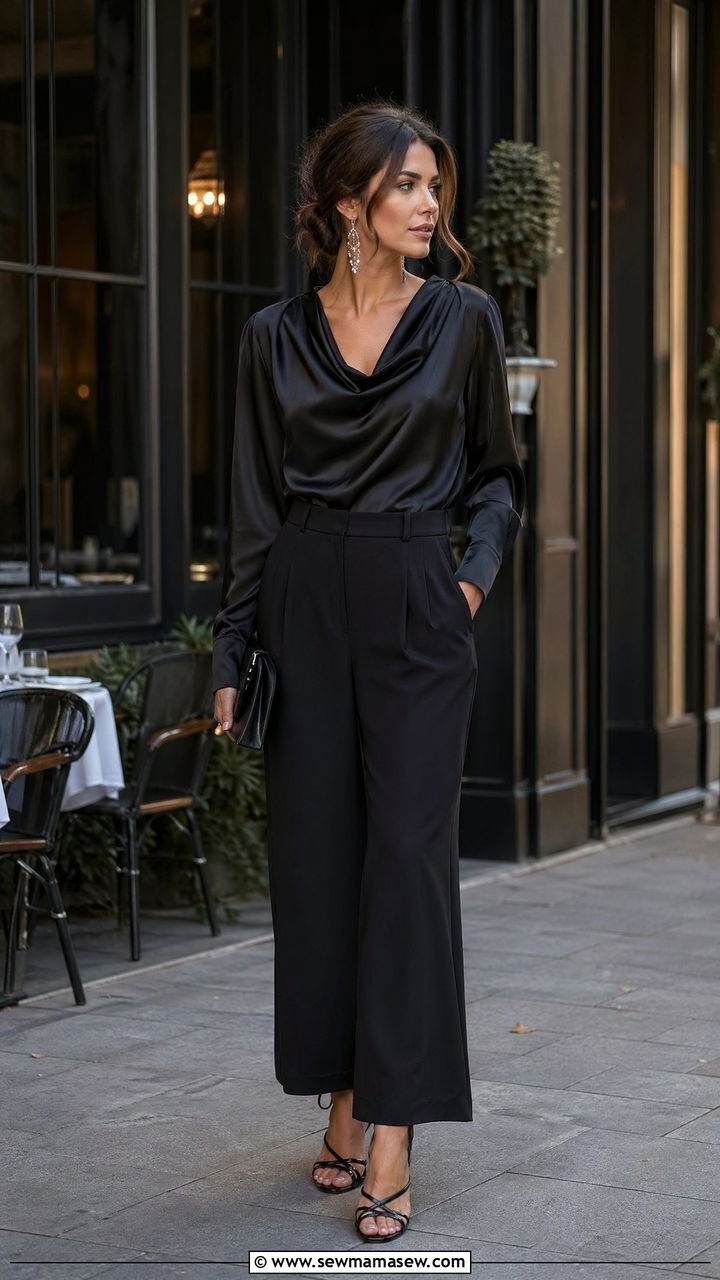 Black satin blouse with wide leg pants spring outfit - 35 spring black outfit ideas