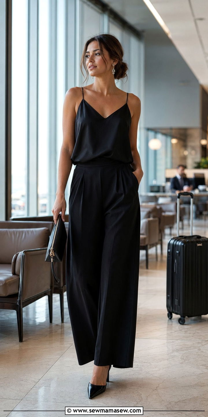 Black satin camisole and wide leg palazzo pants travel outfit - 30 Black outfit ideas for travel