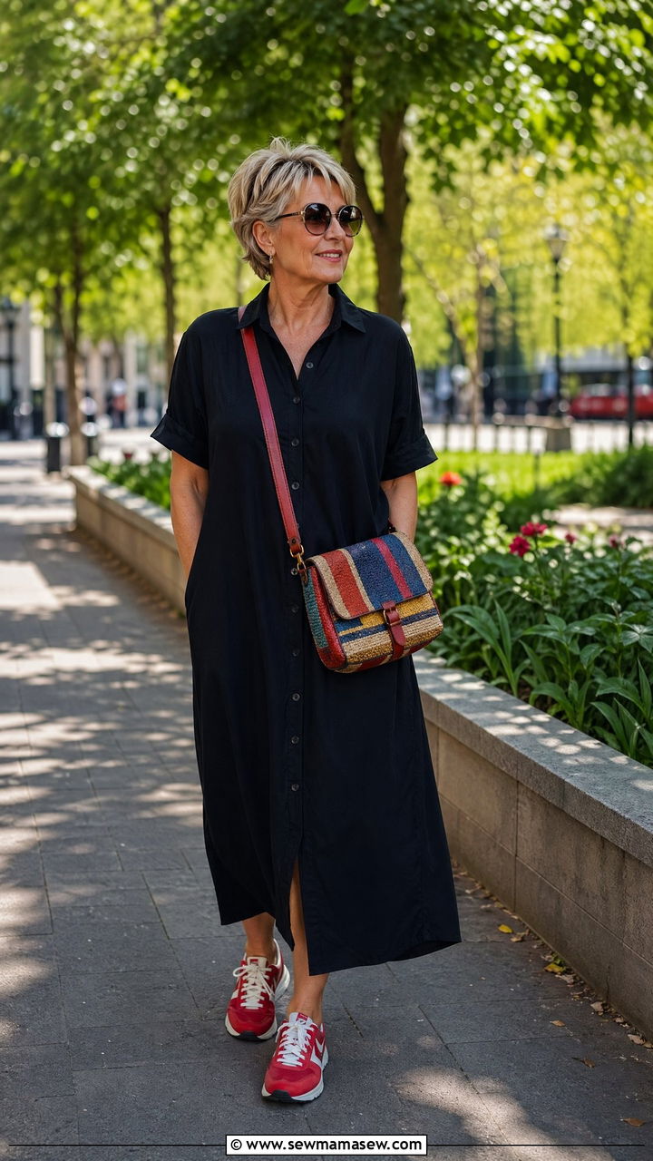 Black shirt dress with red sneakers - 35 Travel outfit ideas for women over 50
