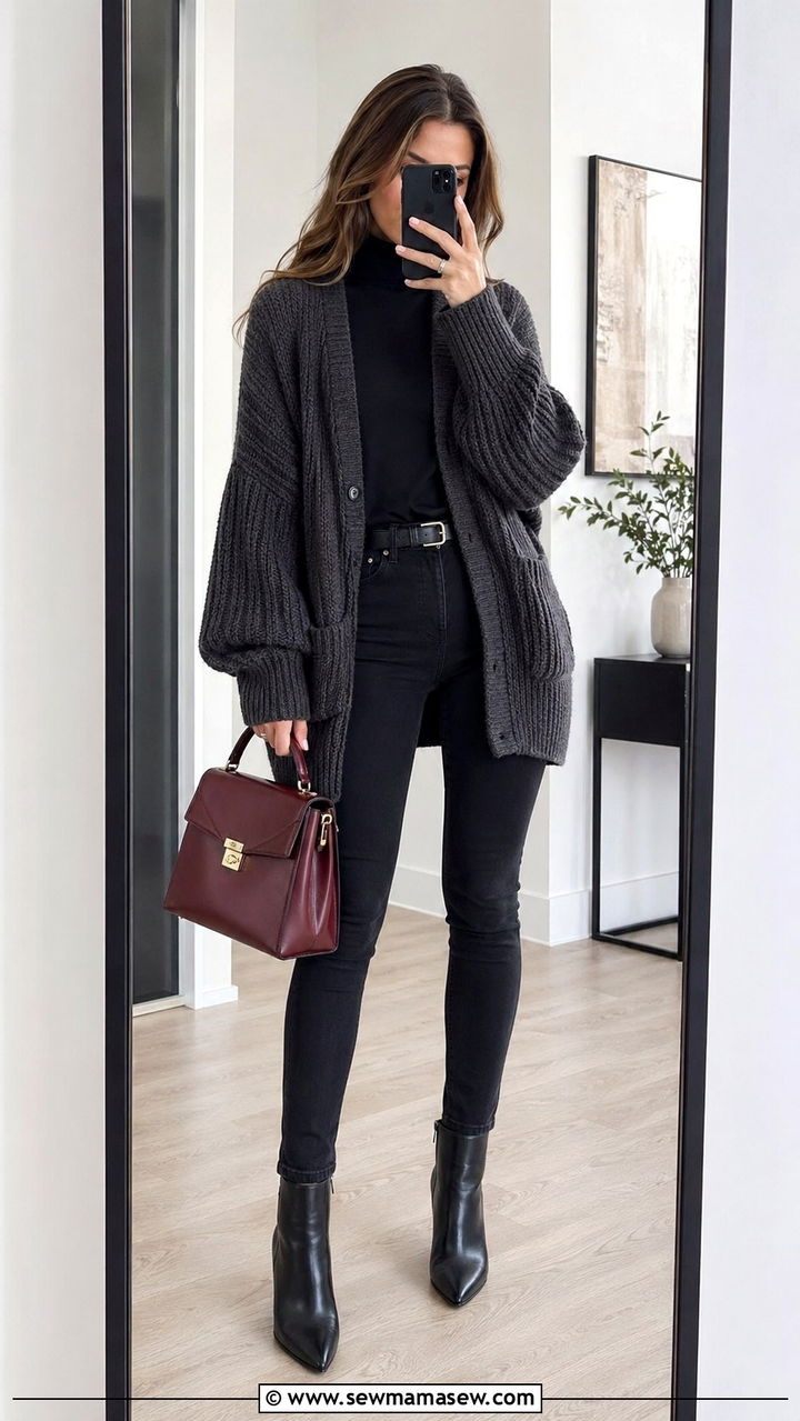 Black skinny jeans with a chunky knit cardigan and ankle boots - 30 Skinny jeans outfit ideas with a cardigan
