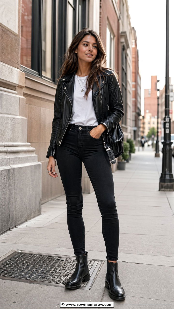 Black skinny jeans with a faux leather jacket - 35 casual school outfits