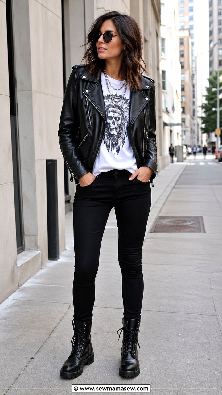 Black skinny jeans with leather jacket and combat boots outfit - 30 Skinny jeans outfit ideas with boots