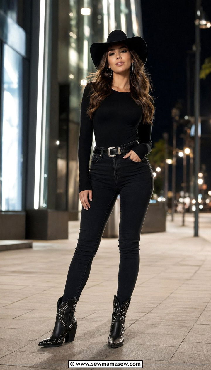 Black skinny jeans with studded boots outfit - 30 Western outfit ideas with jeans