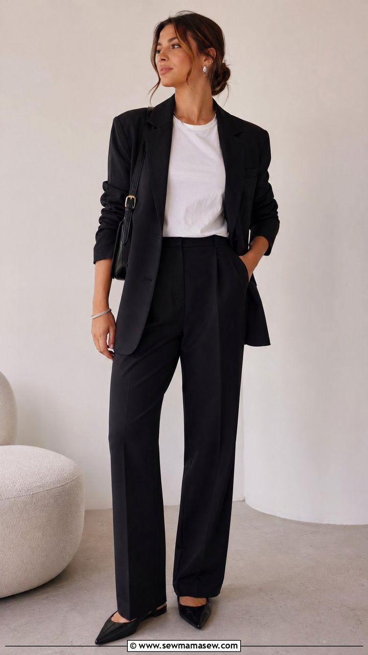 Black suit with a white tee and pointed flats - 35 chic outfit ideas for women
