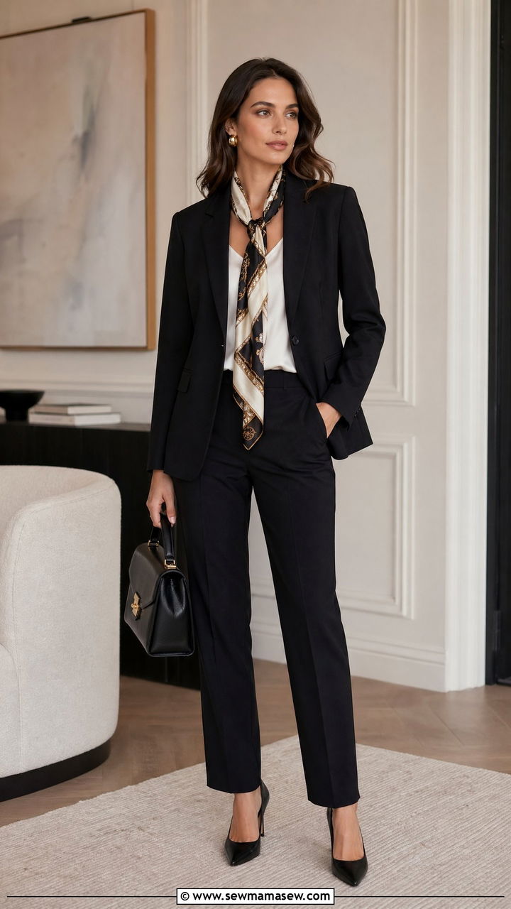 Black suit with printed silk scarf accent - 35 classy job interview outfit ideas