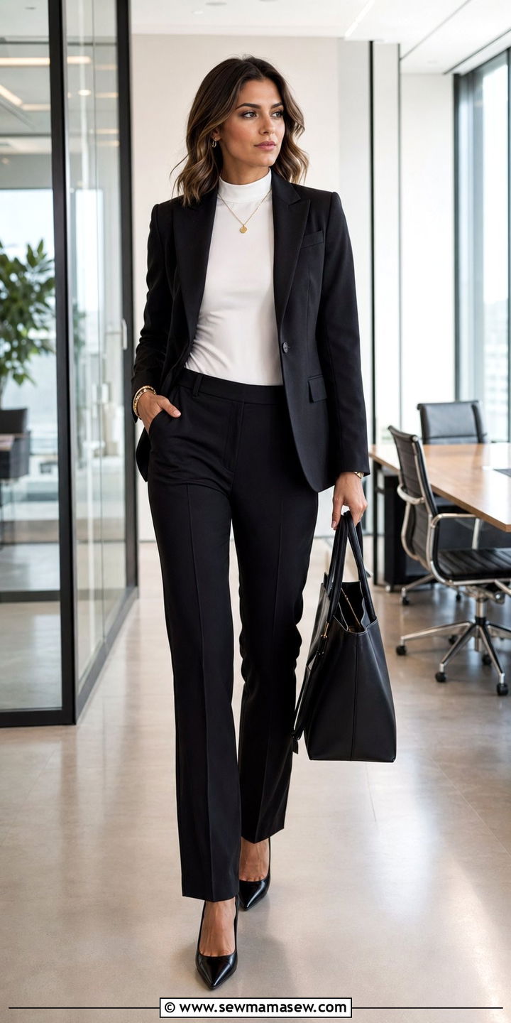Black suit with white bodysuit and pointed heels - 35 Office dress code outfit ideas