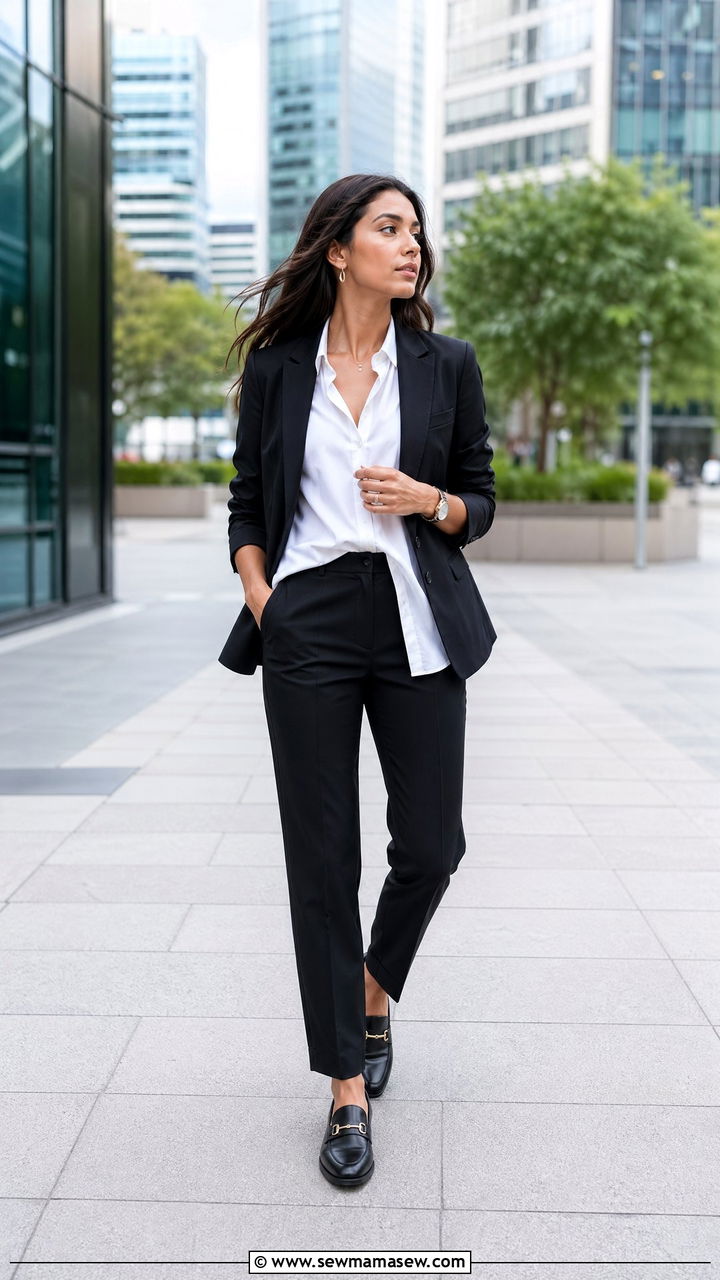 Black suit with white button up shirt spring outfit - 35 spring black outfit ideas