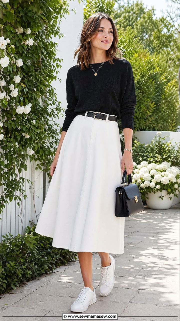 Black sweater with white midi skirt spring outfit - 35 spring black outfit ideas