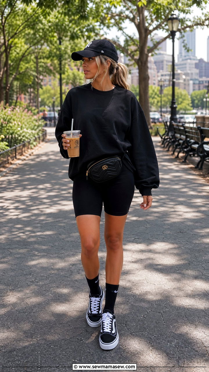 Black sweatshirt and biker shorts spring all black outfit - 35 spring all black outfit ideas