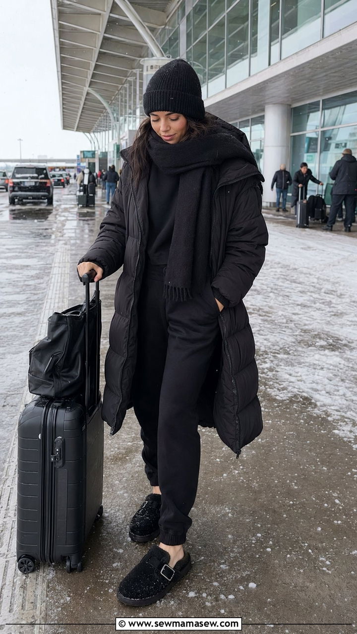 Black sweatsuit and puffer coat winter airport outfit - 30 Black outfit ideas for travel