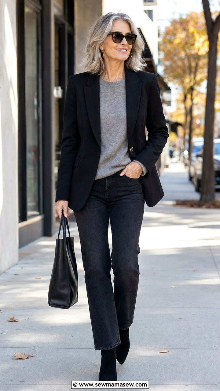 Black tailored blazer with dark wash jeans - 30 Best blazers for women over 50