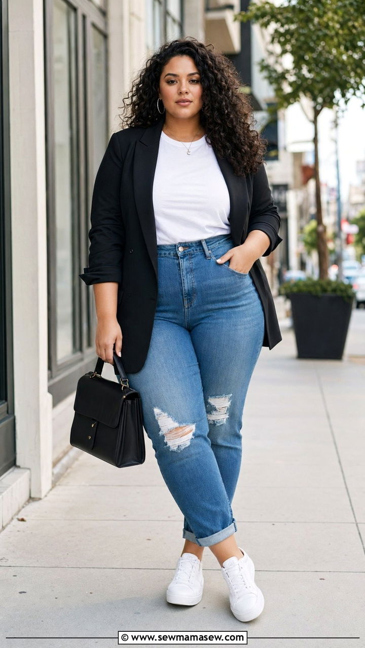 Black tailored blazer with white tee and distressed jeans - 30 Best blazers for curvy women