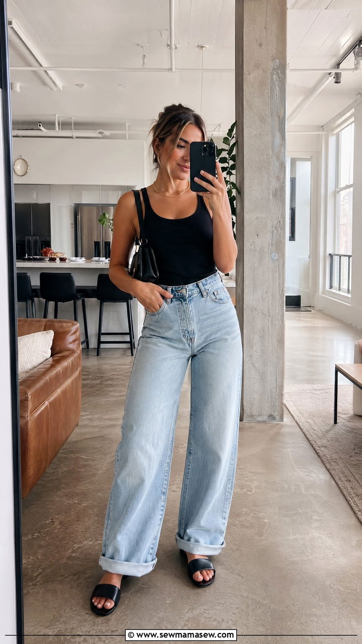 Black tank with light wash wide leg jeans and slides - 35 summer simple outfit ideas