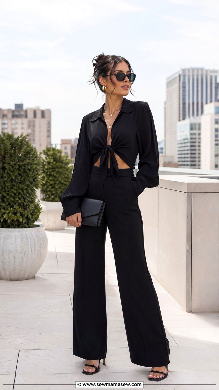 Black tie front top and wide leg pants spring all black outfit - 35 spring all black outfit ideas