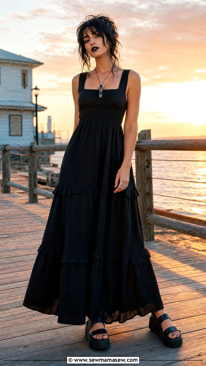 Black tiered ruffle maxi dress with platform sandals - 30 Whimsigoth outfit ideas