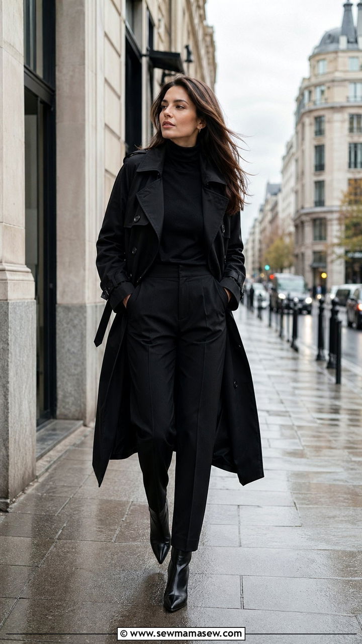 Black trench coat and all black outfit - 35 Moody spring outfit ideas