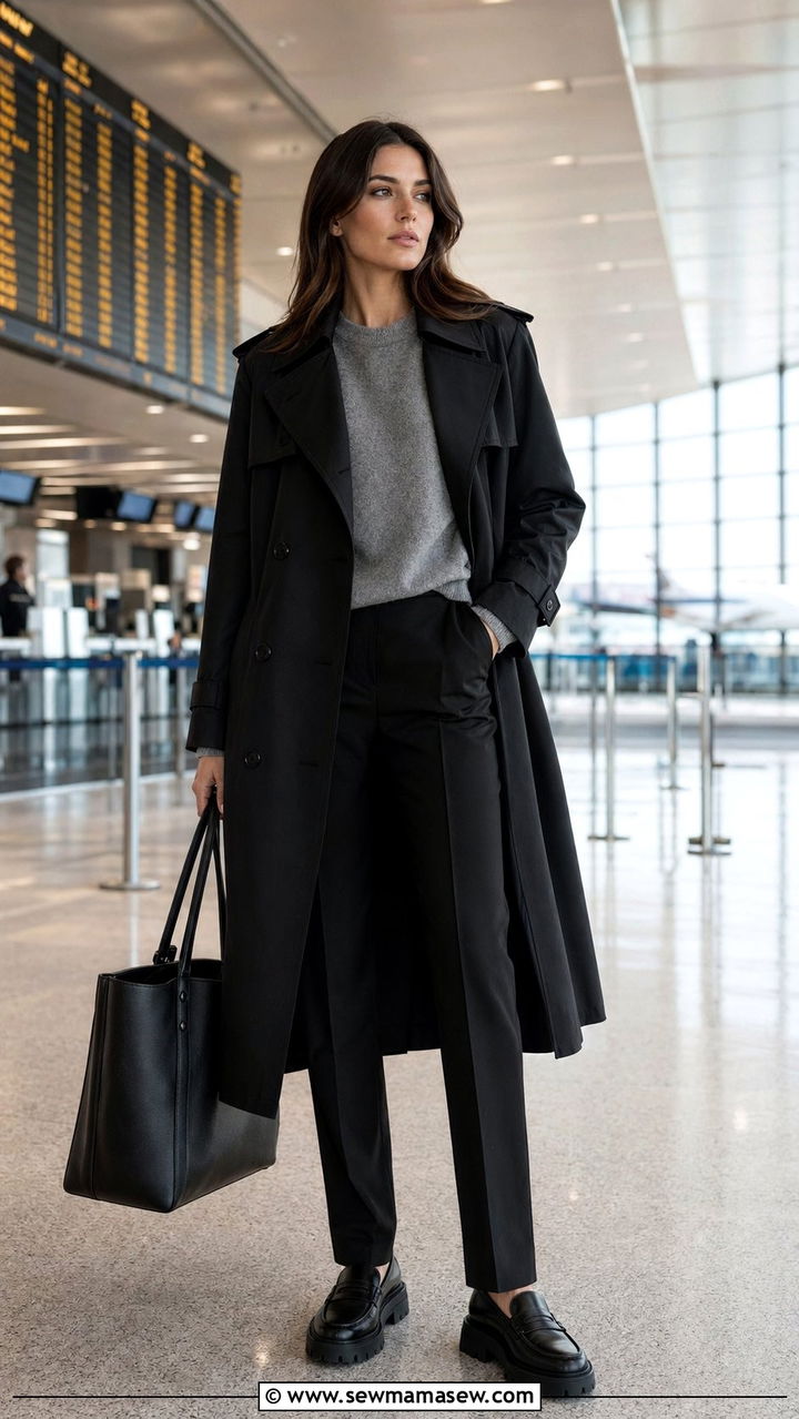 Black trench coat with matching tailored trousers - 30 Airport outfit ideas with a trench coat