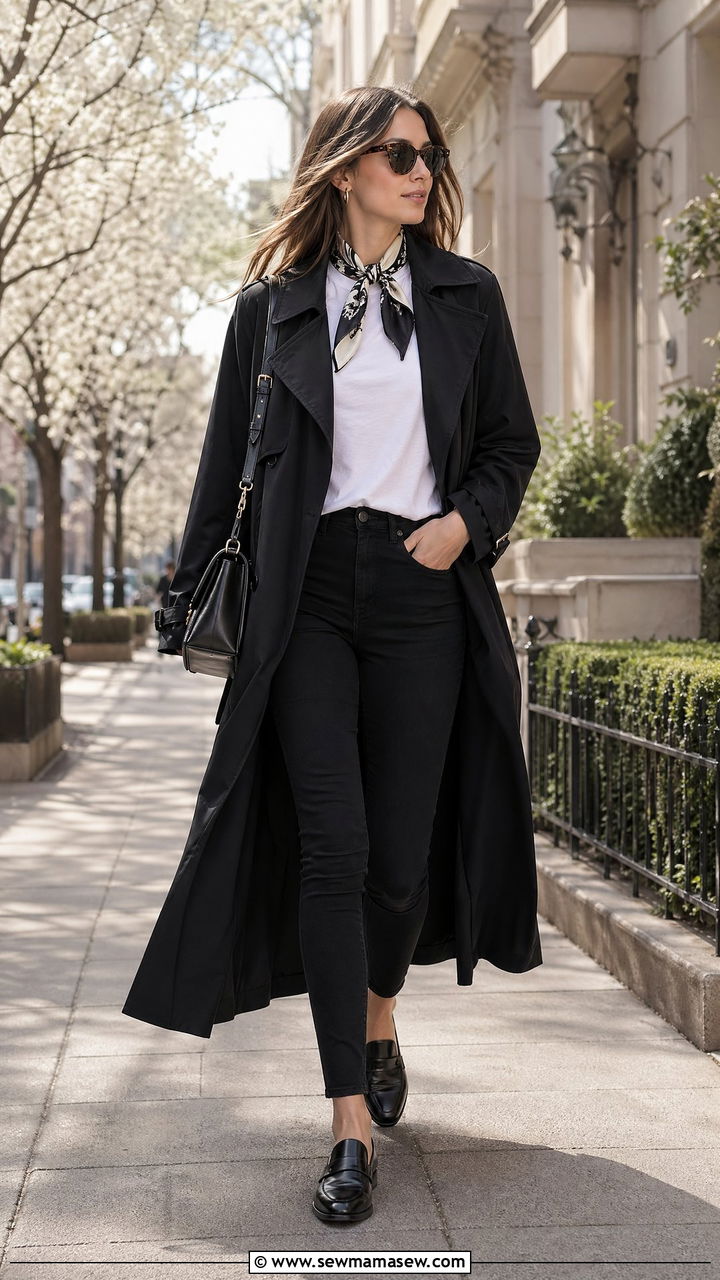 Black trench coat with skinny jeans and loafers spring outfit - 35 spring black outfit ideas