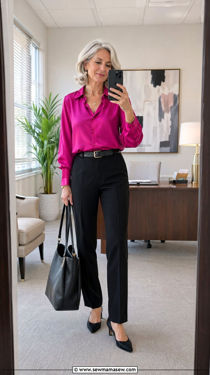 Black trousers with a colorful blouse - 35 Work outfits for women over 50
