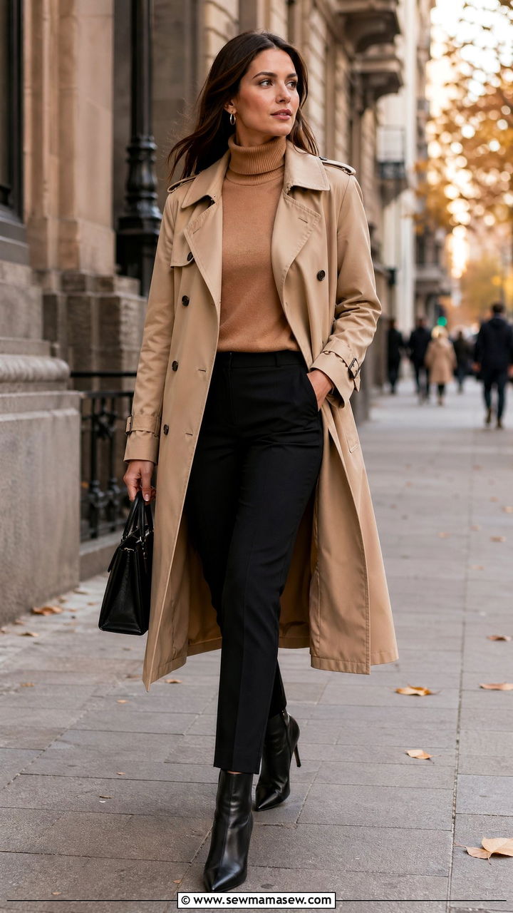 Black trousers with camel turtleneck and trench coat - 35 Courtroom outfit ideas for women