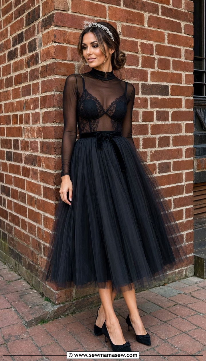 Black tulle skirt with a sheer top - 30 Birthday photoshoot outfit ideas