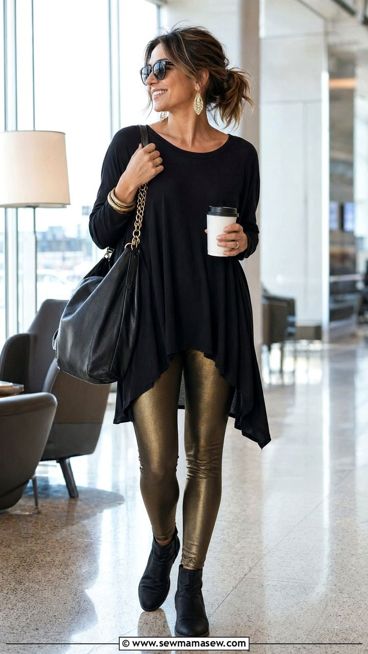 Black tunic top and gold leggings outfit - 30 Black and gold outfit ideas