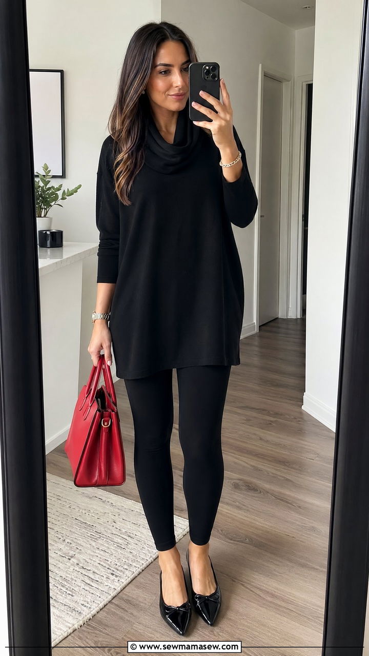 Black tunic with black leggings and pointed toe flats - 35 Tunic outfit ideas