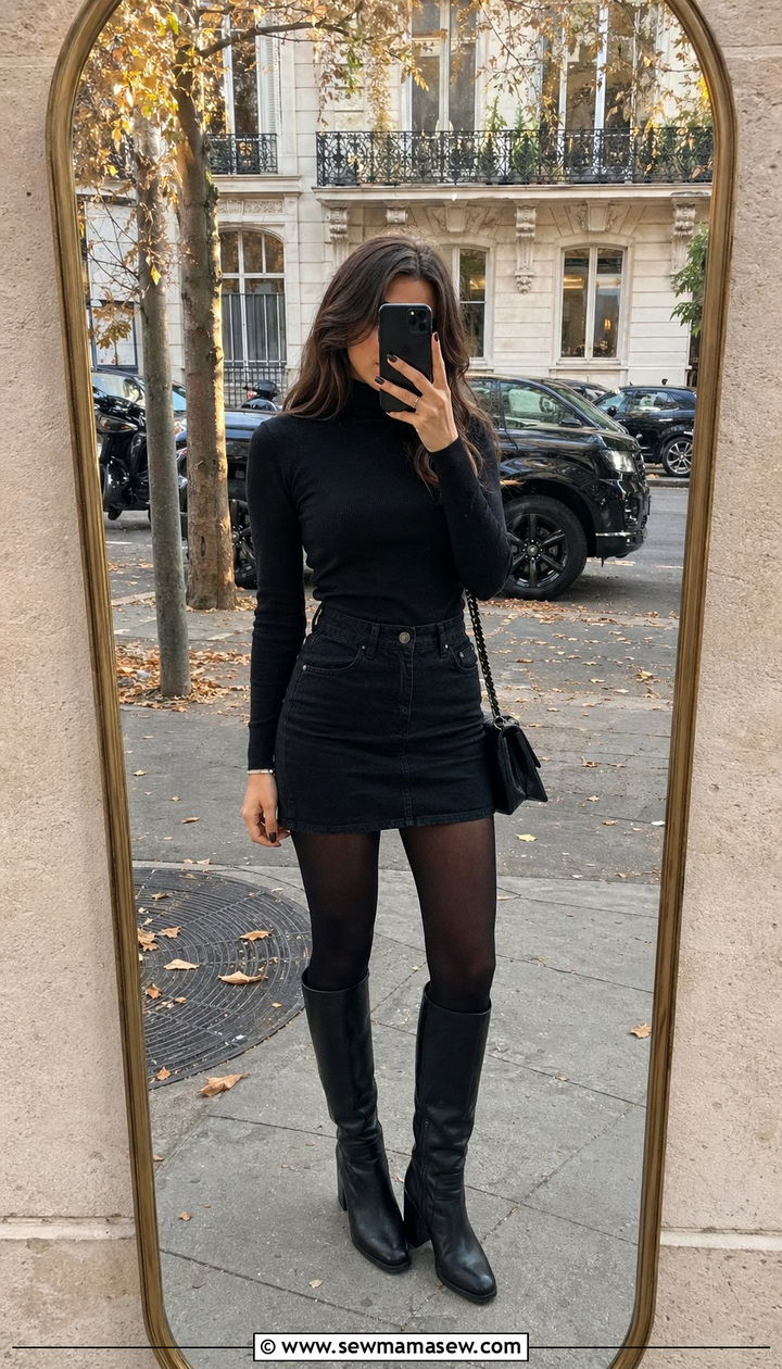 Black turtleneck and black denim mini skirt travel outfit - 30 Black outfit ideas for travel