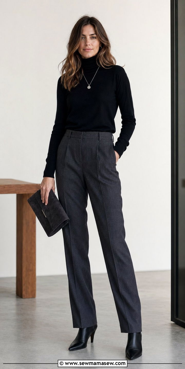 Black turtleneck and charcoal wool trousers - 35 quiet luxury outfits for women