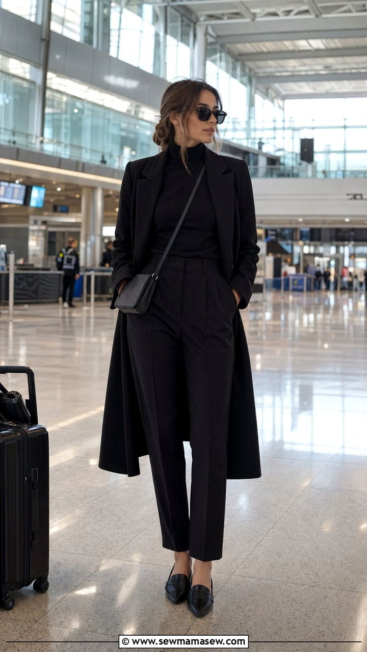 Black turtleneck and tailored trousers airport outfit - 30 Black outfit ideas for travel
