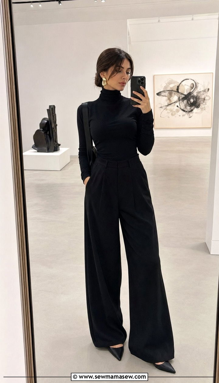 Black turtleneck and wide leg trousers - 35 Museum visit outfit ideas