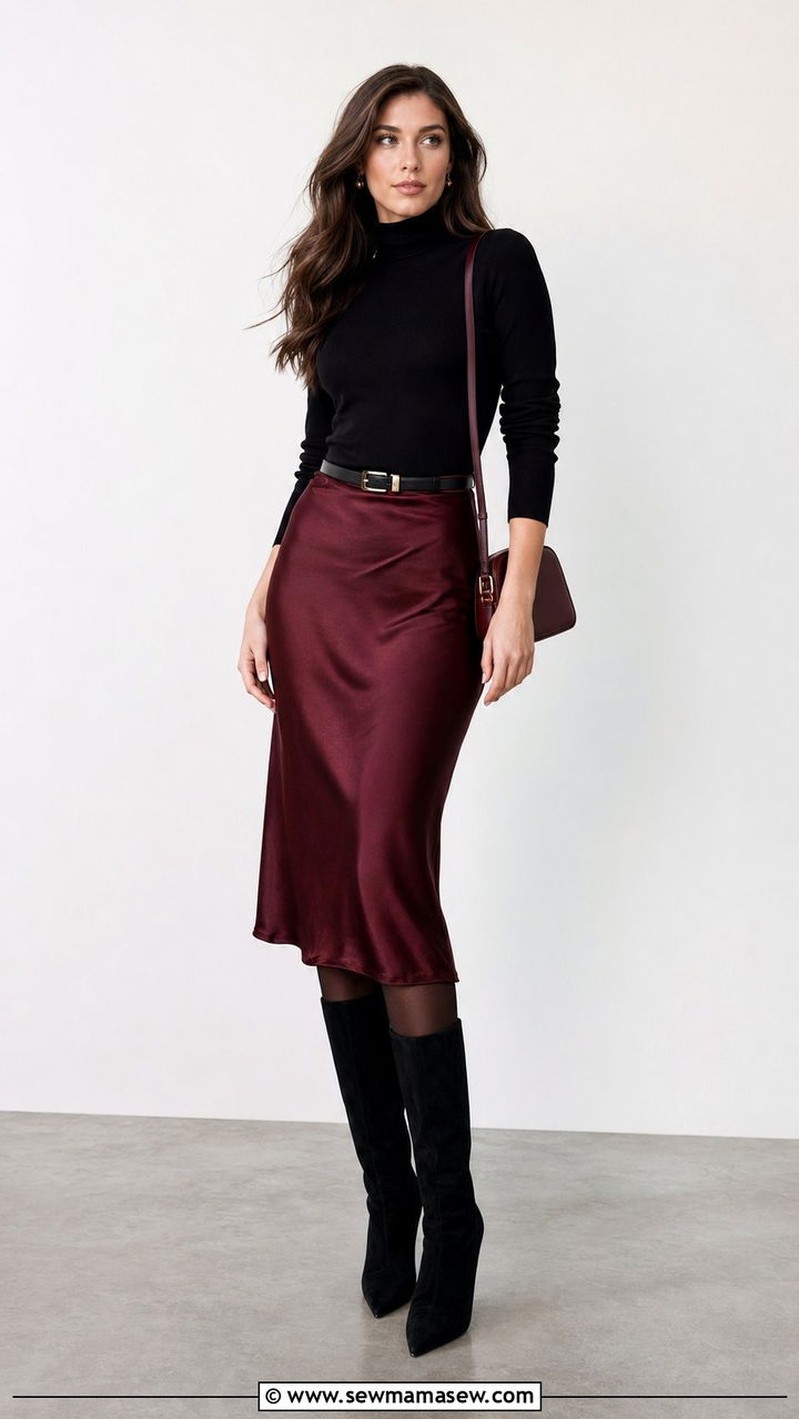 Black turtleneck with burgundy midi skirt outfit - 30 Black and burgundy outfit ideas