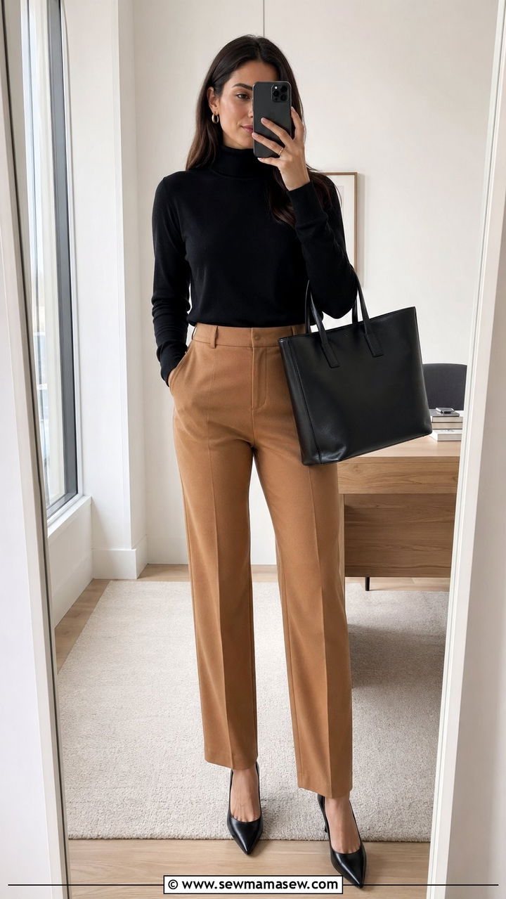 Black turtleneck with camel trousers - 35 Quiet luxury outfit ideas for work