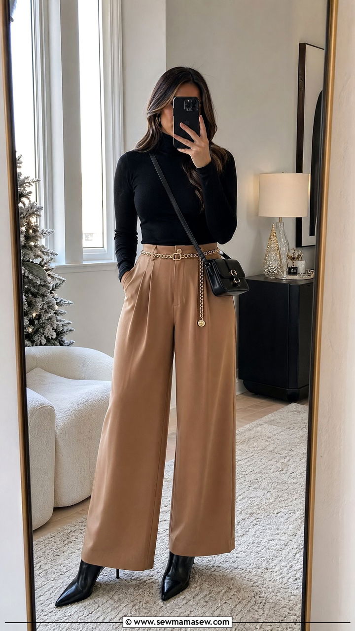 Black turtleneck with camel wide leg pants - 35 wide leg pants outfits