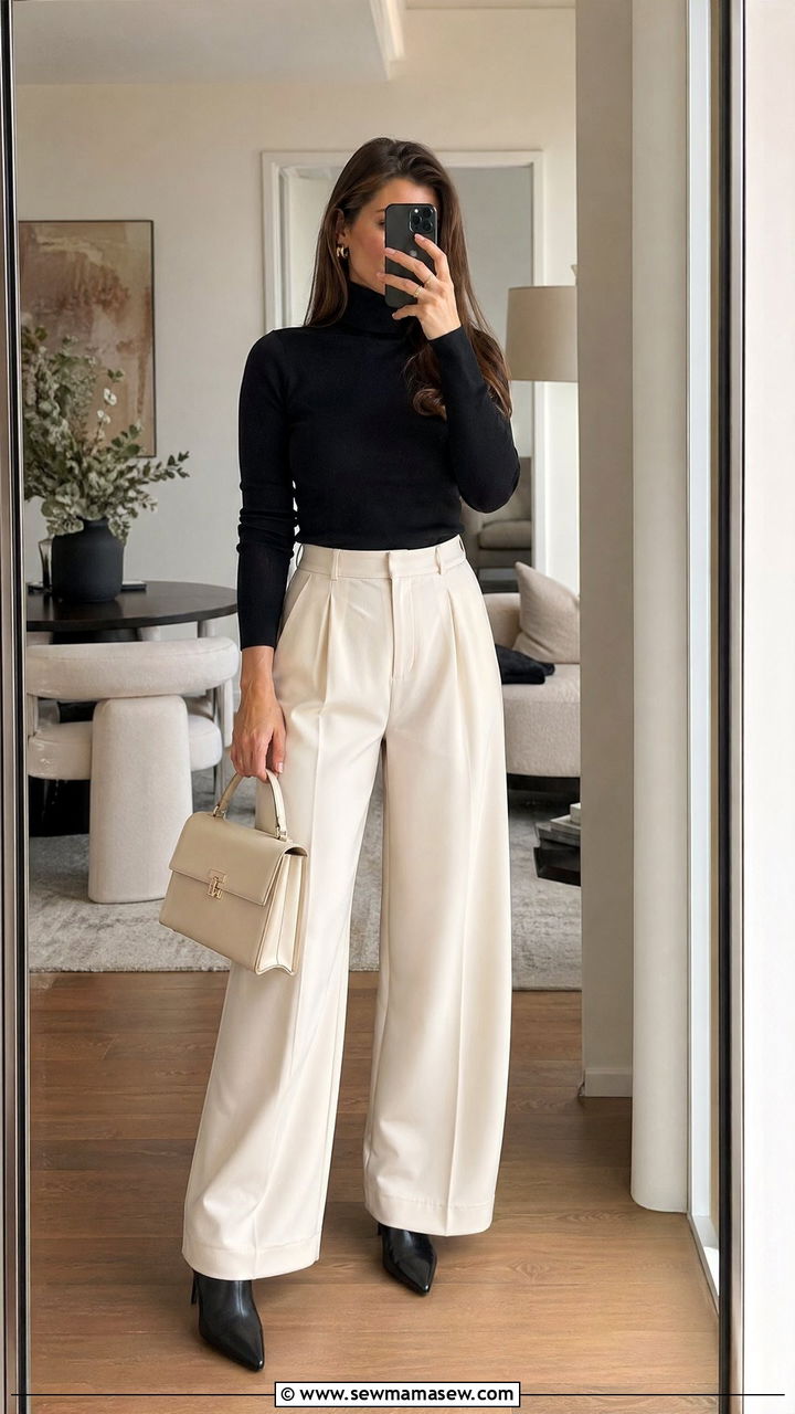 Black turtleneck with cream wide leg trousers - 35 Stealth wealth outfit ideas