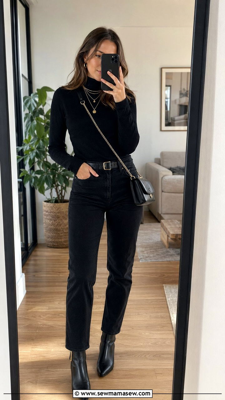 Black turtleneck with gold layered necklaces outfit - 30 Black and gold outfit ideas