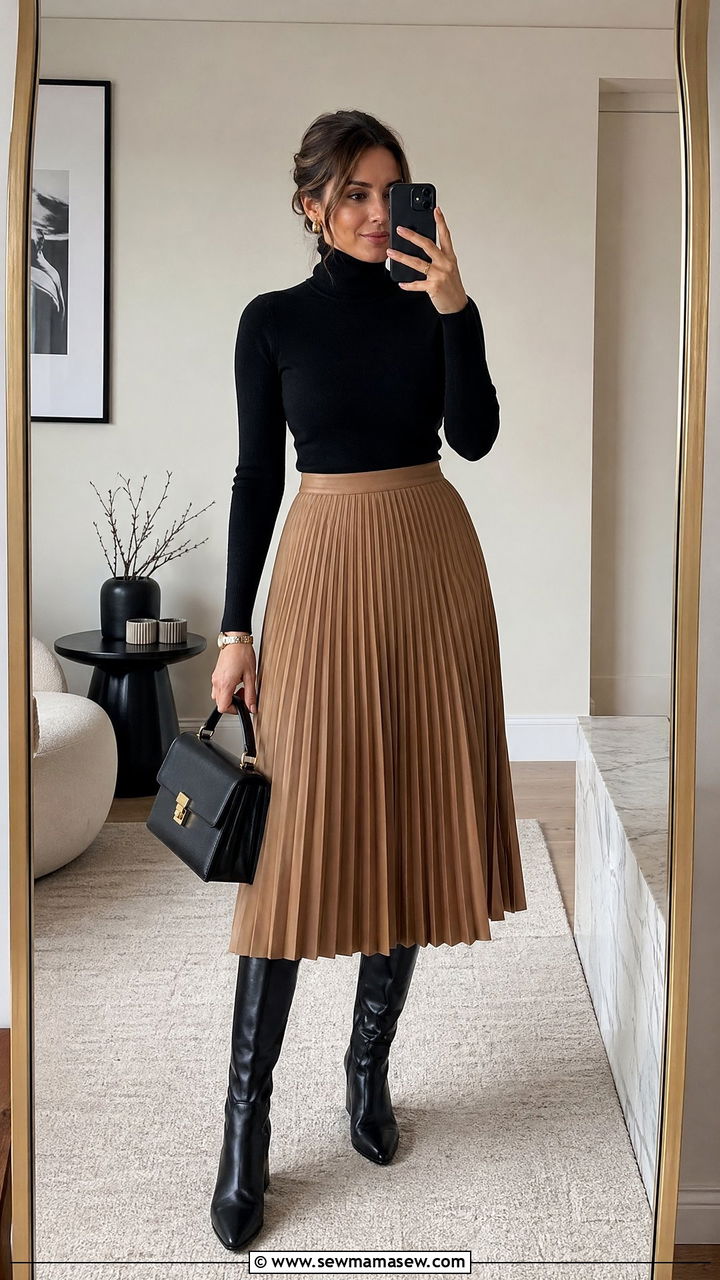 Black turtleneck with pleated midi skirt and knee high boots - 35 classy outfit ideas for women