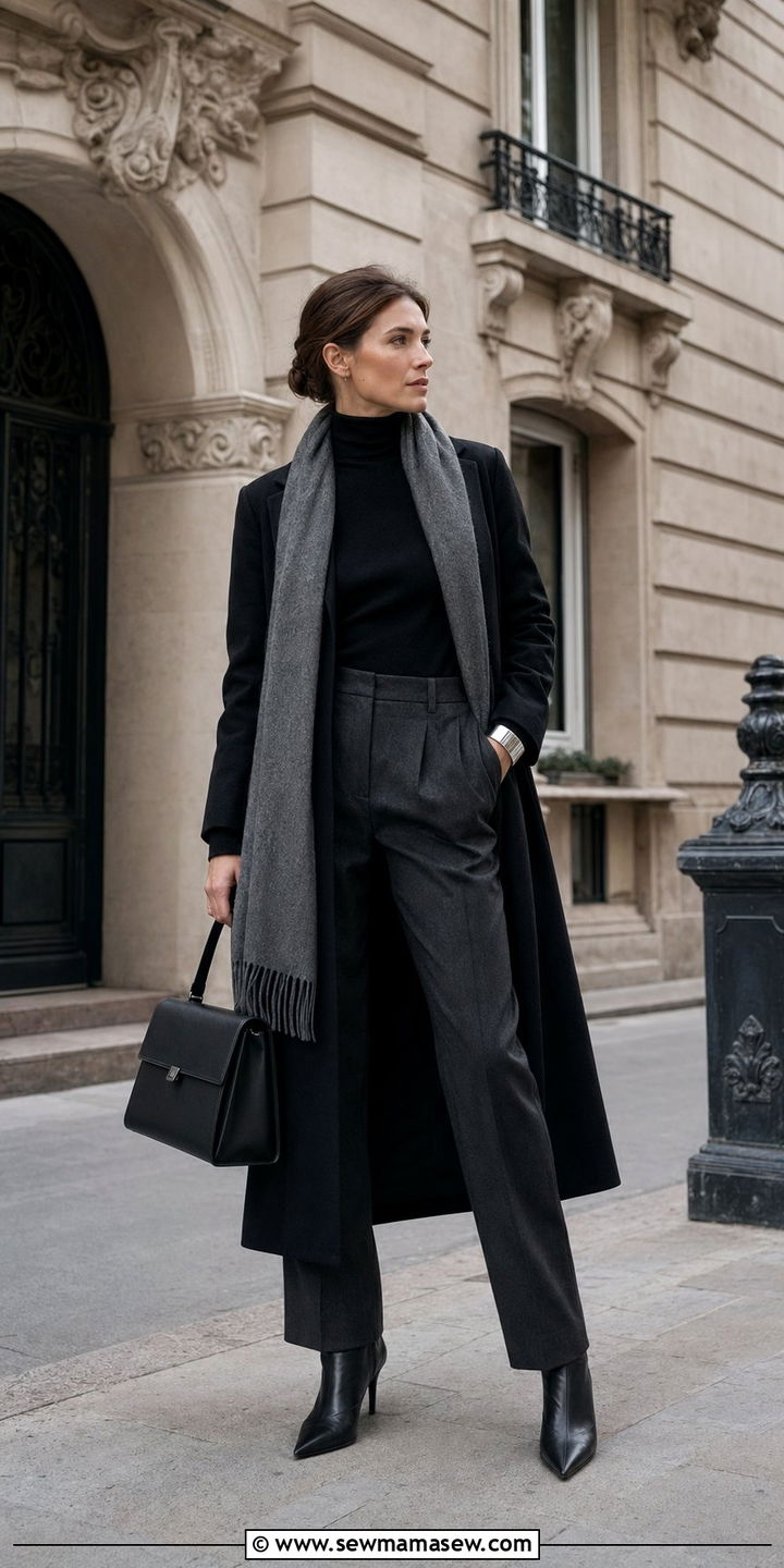 Black turtleneck with tailored trousers and a long wool coat - 35 Parisian cafe outfit ideas