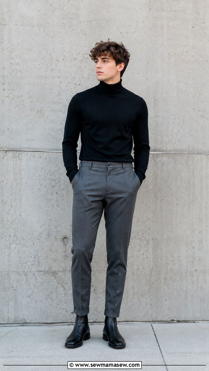 Black turtleneck with trousers senior photo - 30 Senior portrait outfit ideas guys