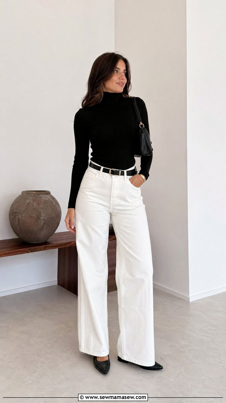 Black turtleneck with white wide leg jeans outfit - 35 chic outfit ideas for women
