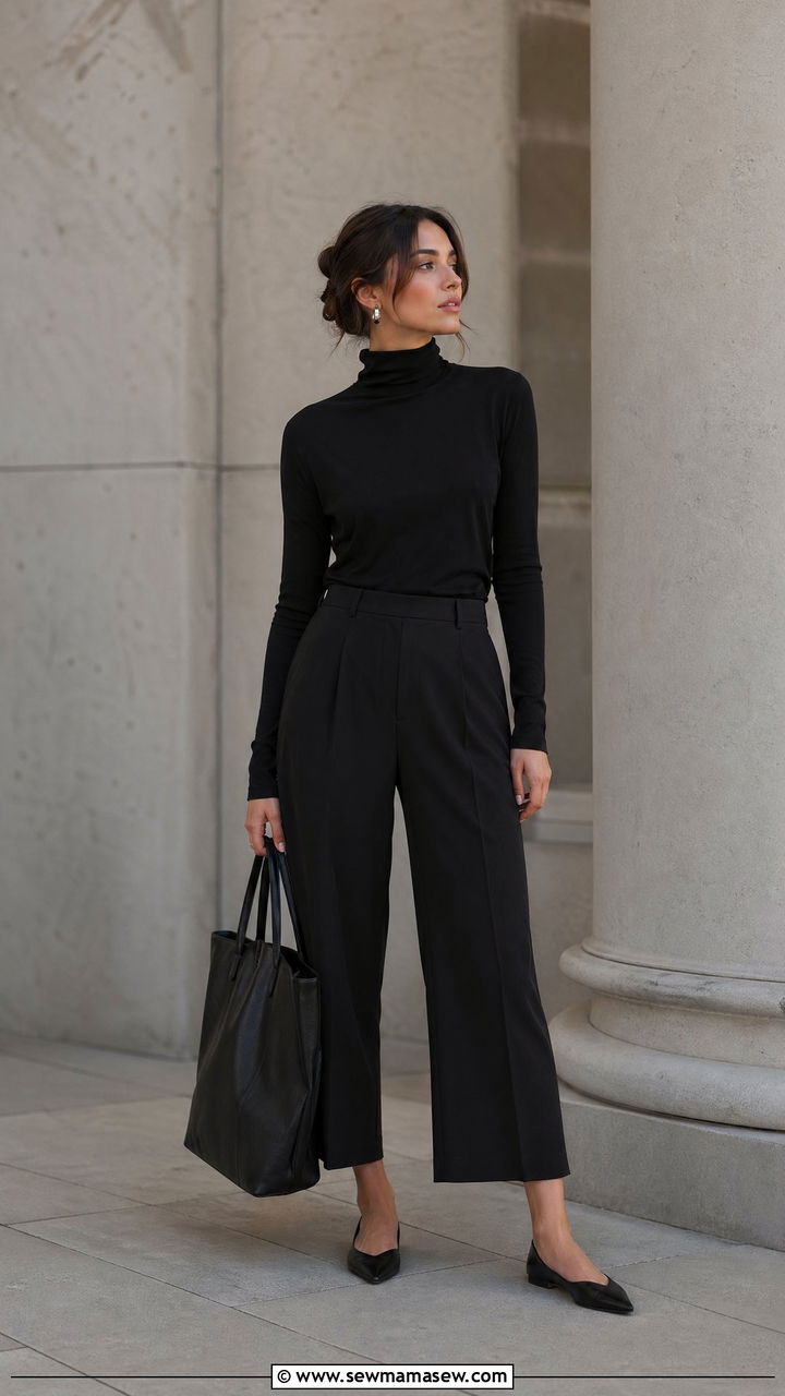 Black turtleneck with wide leg cropped slacks spring outfit - 35 spring black outfit ideas
