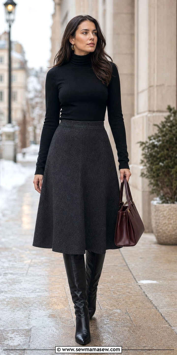 Black turtleneck with wool midi skirt and knee high boots outfit - 35 Quiet luxury outfit ideas