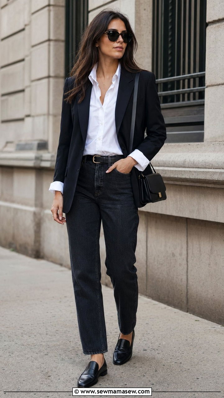 Black tuxedo blazer with straightleg jeans and white shirt - 35 quiet luxury outfits ideas
