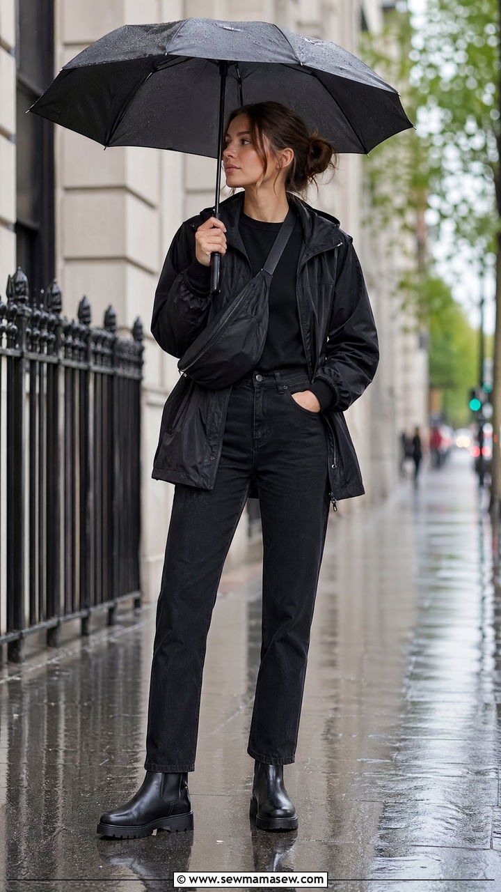 Black utility jacket and jeans spring rainy day all black outfit - 35 spring all black outfit ideas