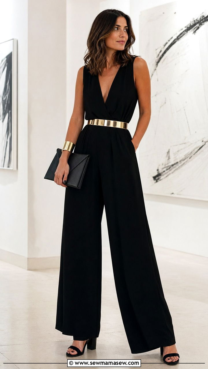 Black wide leg jumpsuit with gold belt - 30 Black and gold outfit ideas