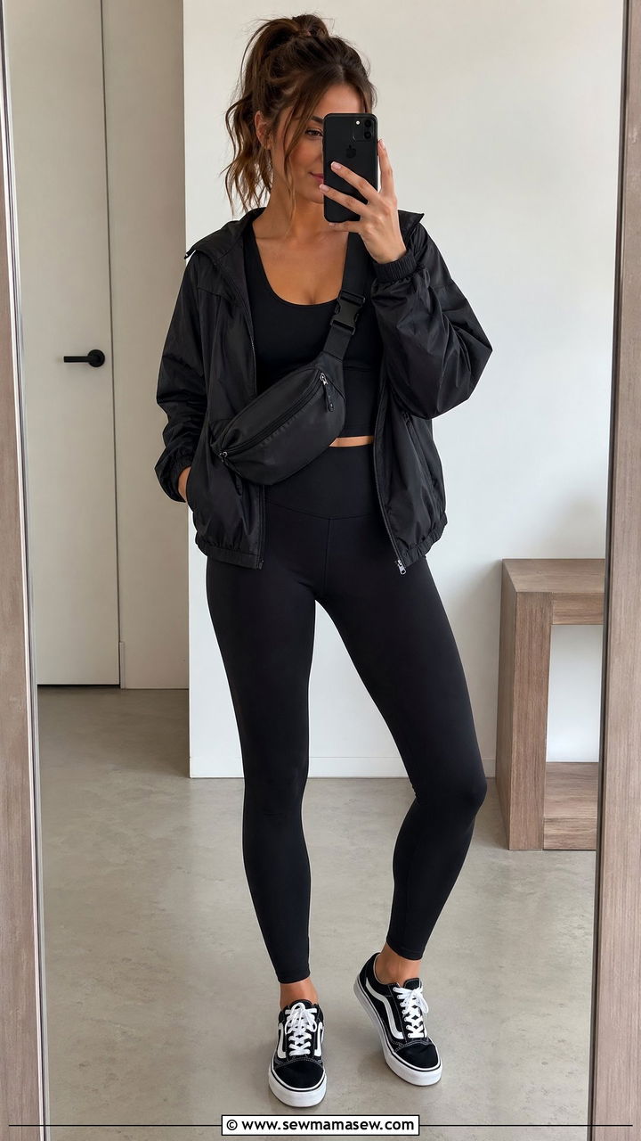 Black windbreaker with black leggings - 35 windbreaker outfits for women