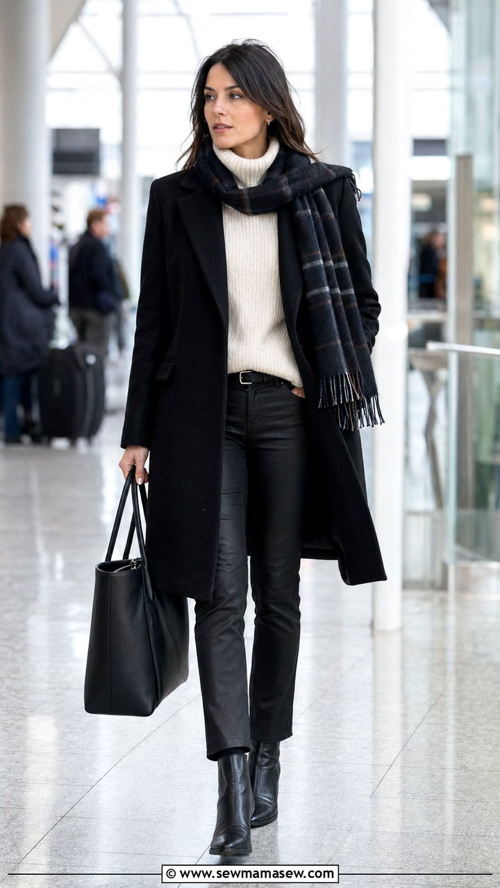 Black wool coat and cream turtleneck winter travel outfit - 30 Airport outfit ideas Parisian